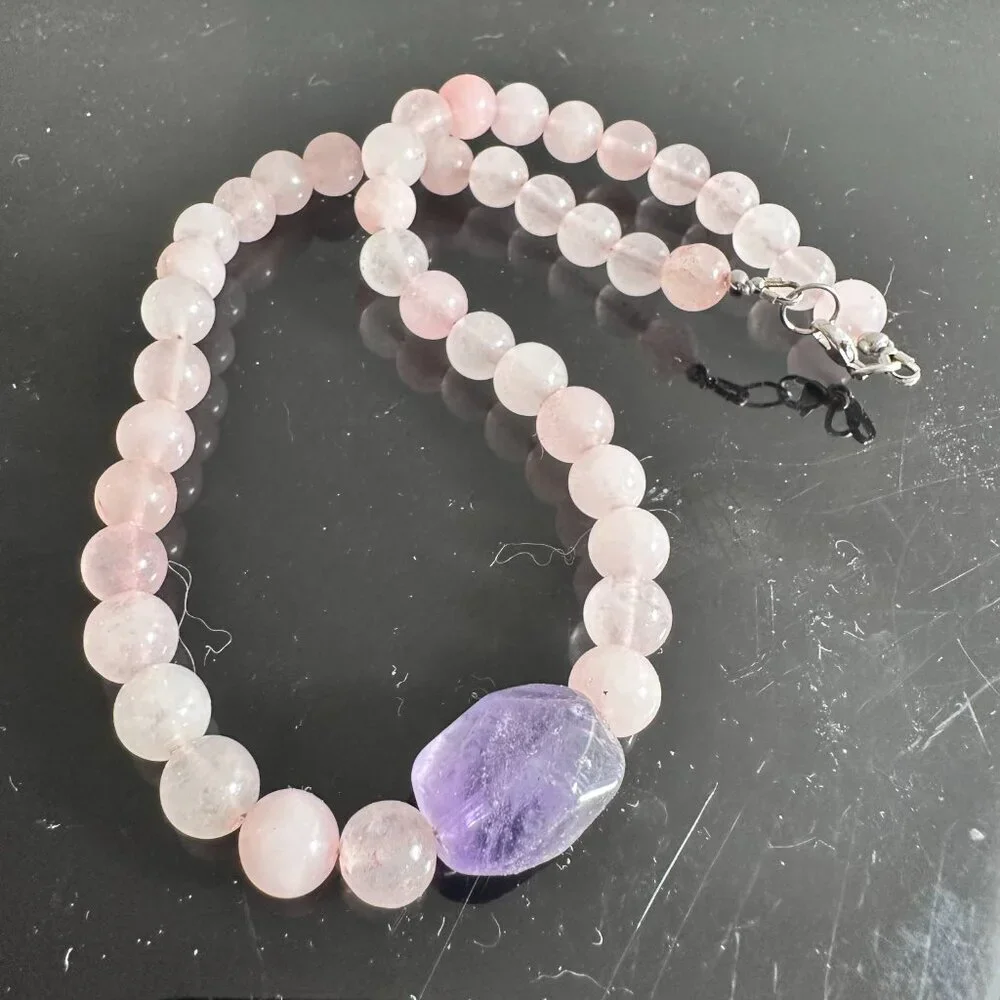 Genuine Amethyst Rose Quartz Necklace Choker Gift Natural Bohemian Hippie Purple - Picture 6 of 11